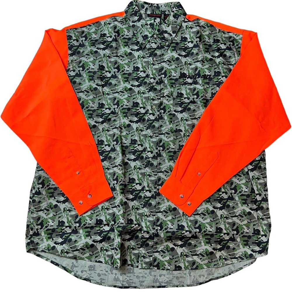 Snap-On Shirt Mens Large Camo Blaze Orange Button Down Green Hunting Pocket